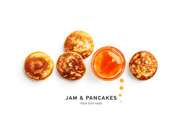 Pancake and apricot jam banner isolated on white background.