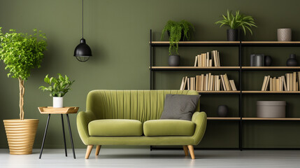 Natural Harmony: Green Sofa and Chair in a Scandinavian Living Room with Book Shelf