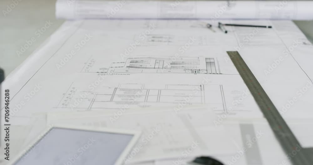 Poster Blueprint, tablet and architecture background for construction site, building and planning of industry design. Paper of floor plan, tools for sketch and digital technology or software for engineering