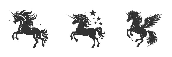 Black cartoon silhouette of a unicorn horse rearing up. Vector illustration