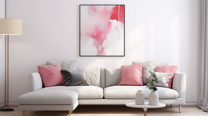 Elegant Neutrals: Grey Sofa, Pink Pillows, and Abstract Art in White-Walled Space