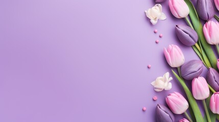 Top view of a stylish purple background with multicolored tulips from the copy space. Mockup, overhead, template, Spring and Easter, flowers concepts.