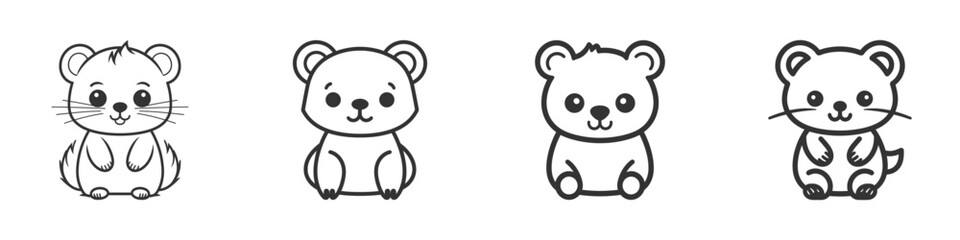 Cute cartoon bear line icon set. Vector illustration