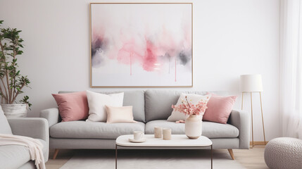 Elegant Neutrals: Grey Sofa, Pink Pillows, and Abstract Art in White-Walled Space