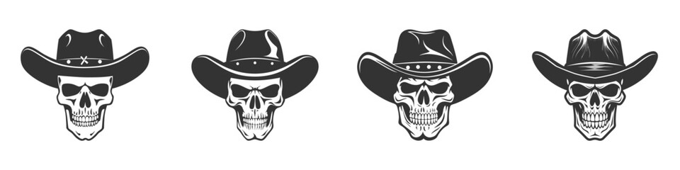 Silhouette of a skull in cowboy hat. Cowboy skull icon set. Vector illustration.