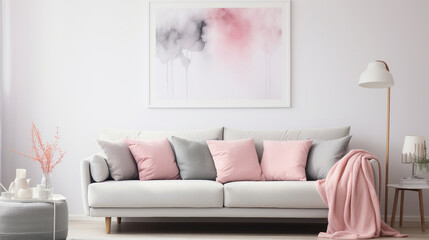 Sophisticated Comfort: Modern Living Room with Grey Sofa and Vibrant Pink Accents