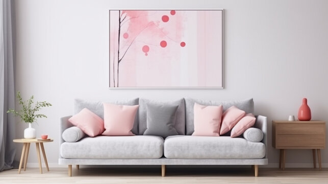 Contemporary Contrast: Grey Sofa with Pink Accents in Modern Living Room
