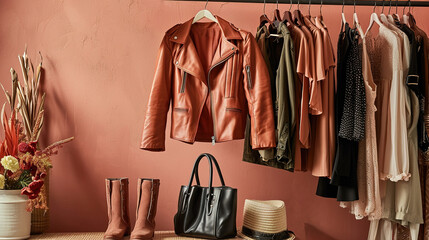 Selection of fashionable clothes. Stylish spring wardrobe in shade Peach Fuzz