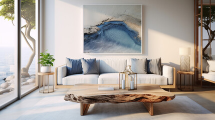 Seaside Chic: Coastal Living Room with Live Edge Accent Table and Blue Pillows