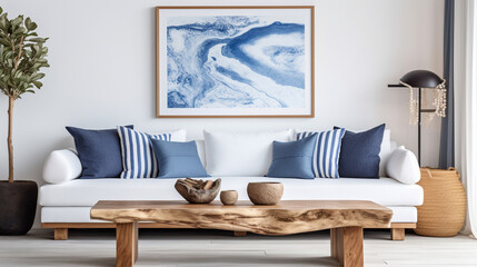 Seaside Chic: Coastal Living Room with Live Edge Accent Table and Blue Pillows