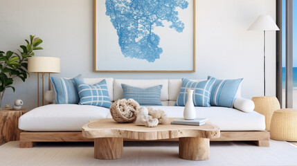 Fototapeta na wymiar Seaside Chic: Coastal Living Room with Live Edge Accent Table and Blue Pillows