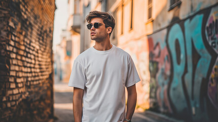 Naklejka premium A young man in a classic oversized white blank T-shirt, blue jeans and sunglasses stands on a city street. Style and fashion clothing mock up template.