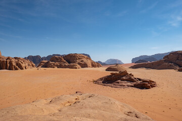 Fototapeta na wymiar A captivating view of the Wadi Rum desert in Jordan, showcasing its rocky terrain and sandy expanses.