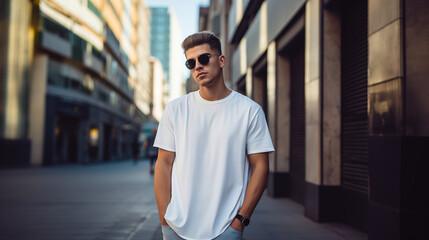 Fototapeta premium A young man in a classic oversized white blank T-shirt, blue jeans and sunglasses stands on a city street. Style and fashion clothing mock up template.