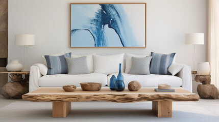Coastal Comfort: Live Edge Coffee Table and White Sofa in Modern Living Room