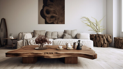 Boho Bliss: Live Edge Coffee Table Near Corner Sofa in Ethnic Living Room