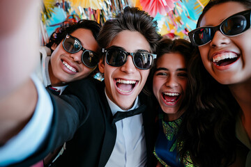 Group of teenagers having fun, taking photo together at school prom