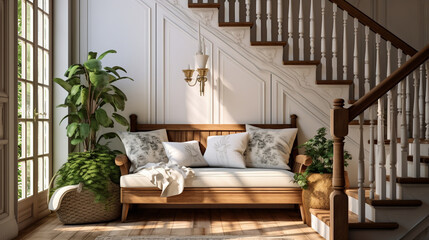 Country Elegance: Loveseat Sofa Near Wooden Staircase in Modern Entryway