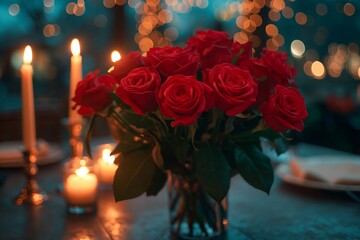 Obraz premium romantic scene with a couple enjoying a candlelit dinner, surrounded by a bouquet of red roses
