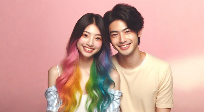 a couple with rainbow hair posing for a photo, pink background, free stock image download