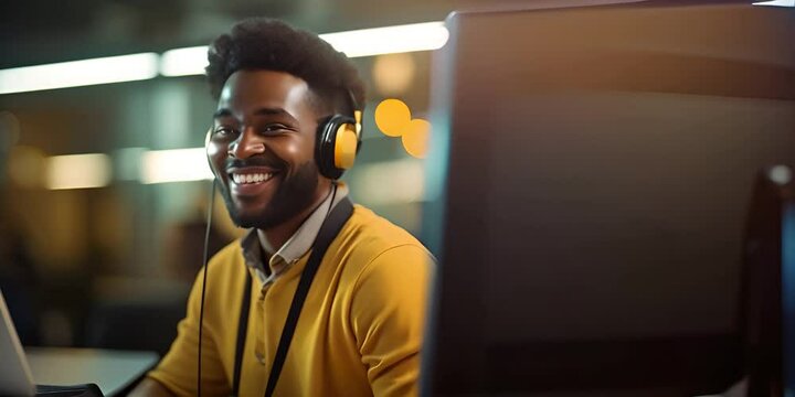 A young Black man with headphones smiles as he looks at a monitor in an office. The concept of working in customer service.