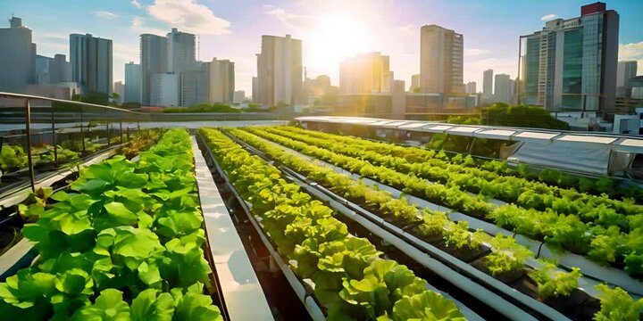 An urban garden on a rooftop overlooking high-rise buildings, illustrating the concept of urbanization and sustainability. The concept of urban agriculture and ecology.