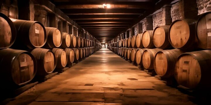 A long row of oak barrels in a wine cellar. The concept of winemaking and tradition.