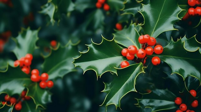 Holly leaves and red berries. Christmas and New Year background.