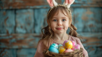 Fototapeta na wymiar Cute little child wearing bunny ears on Easter day. Girl holding basket with painted eggs.