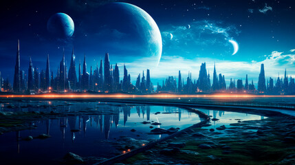 Landscape  of the futuristic city on alien planet - obrazy, fototapety, plakaty