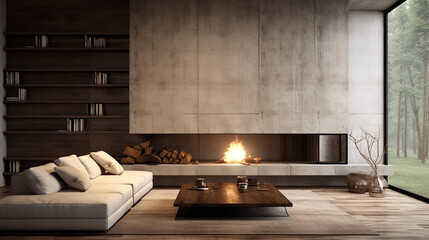 Contemporary Comfort: Living Room Minimalism with Fireplace and Concrete Finishes