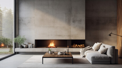 Sleek Simplicity: Minimalist Living Room with Fireplace and Concrete Walls