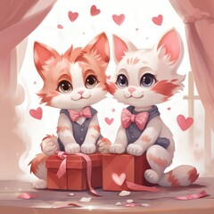 happy day card two funny cats with valentine's gift, two kittens standing next to each other on a heart background with happy valentine's day text