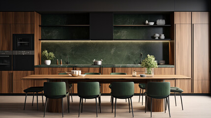 Effortless Style: Minimalist Wooden Kitchen with Dark Green Hues and Chic Dining Area