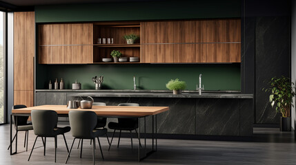 Contemporary Elegance: Modern Kitchen with Island, Dark Green Tones, and Marble Accents