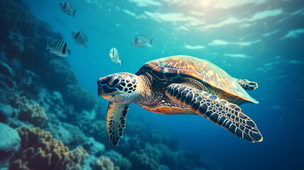 Fototapeta premium turtle swimming underwater in blue tropical sea.