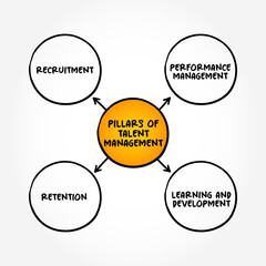 Pillars of Talent Management - anticipation of required human capital for an organization and the planning to meet those needs, mind map concept background