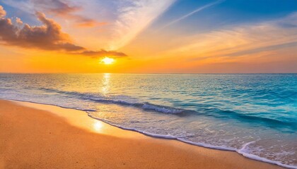 Sunrise over the seascape, blue water on the beach with clean sand.