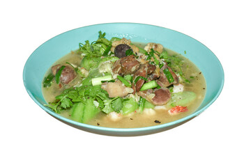 Special Asian dish chicken intestines with zucchini, isolated background