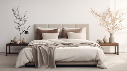French Country Comfort: Modern Bedroom with Soft Beige and Grey Bedding