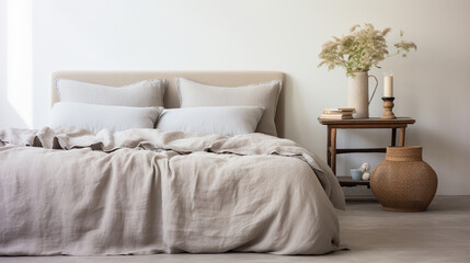 Fototapeta na wymiar Elegant Tranquility: Pastel Beige and Grey Bedding in Minimalist Bedroom