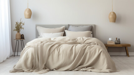 Elegant Tranquility: Pastel Beige and Grey Bedding in Minimalist Bedroom