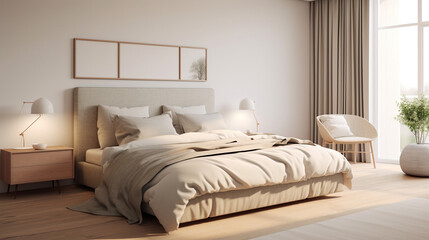 Elegant Tranquility: Pastel Beige and Grey Bedding in Minimalist Bedroom