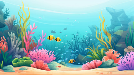 Obraz na płótnie Canvas Beautiful cartoon funny green fish coral