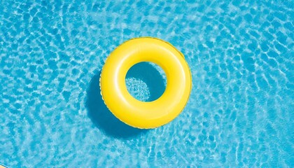 yellow swimming pool ring float in blue water. concept color summer.