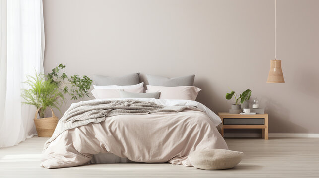 Elegant Tranquility: Pastel Beige and Grey Bedding in Minimalist Bedroom