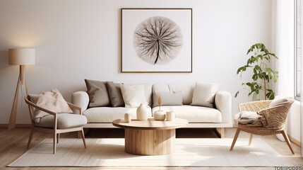 Clean Lines and Comfort: Scandinavian Living Room with Round Coffee Table