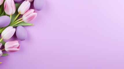 Fototapeta na wymiar Flatley of purple tulips and Easter eggs on a purple background with copy space. Top view, spring mockup, flowers concept.
