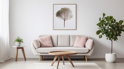 Scandinavian Simplicity: Round Wooden Coffee Table and White Sofa in Modern Living Room