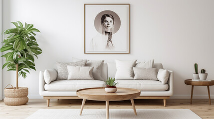 Scandinavian Simplicity: Round Wooden Coffee Table and White Sofa in Modern Living Room